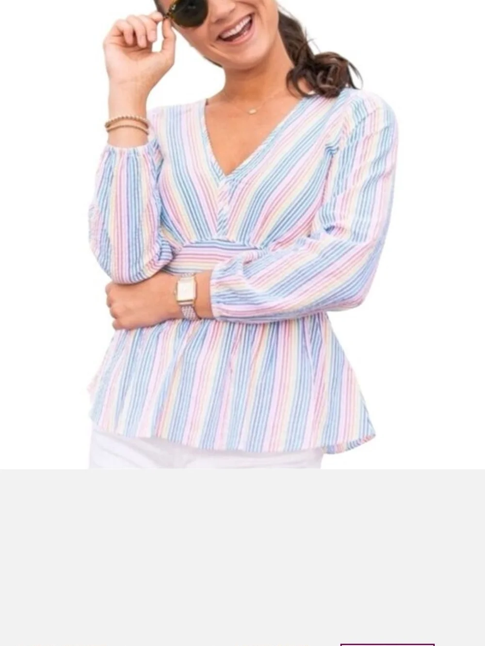 J. Crew V-neck peplum top in rainbow seersucker, size 12